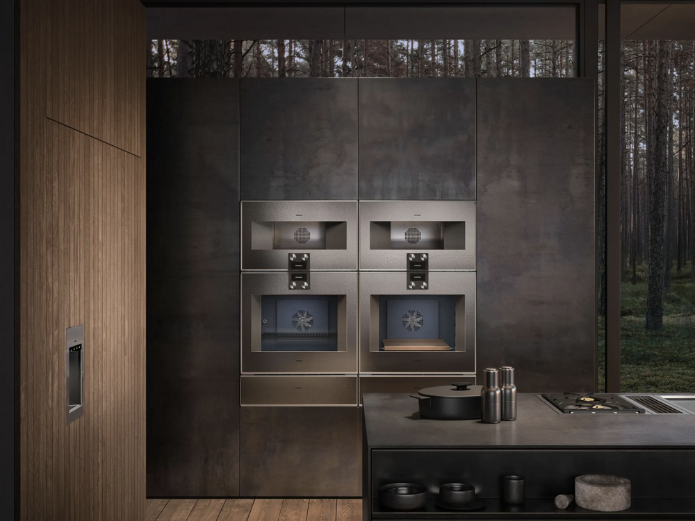 okHornos Serie 400 - GAGGENAU Serie 400 Horno acero bajo cristal BO421112 Cafetera autom&aacute;tica acero bajo cristal CM450112 Horno microondas combinado acero bajo cristal BM450110 Caj&oacute;n envasado al vac&iacute;o acero bajo cristal DV461110 Caj&oacute;n calientaplatos acero bajo cristal WS461112